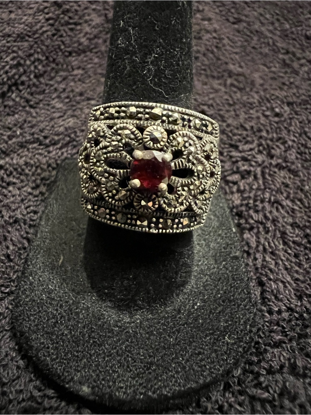 Vintage Sterling Silver Statement Ring with Marcacite and Garnet sz7